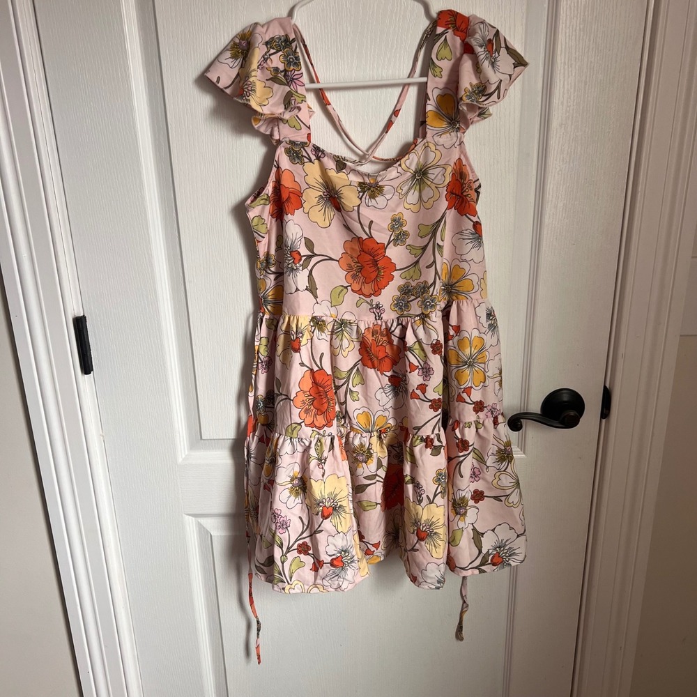 Lottie & Holly Tiered Floral Mini Dress Flutter Sleeve Pink Orange Yellow Boho S